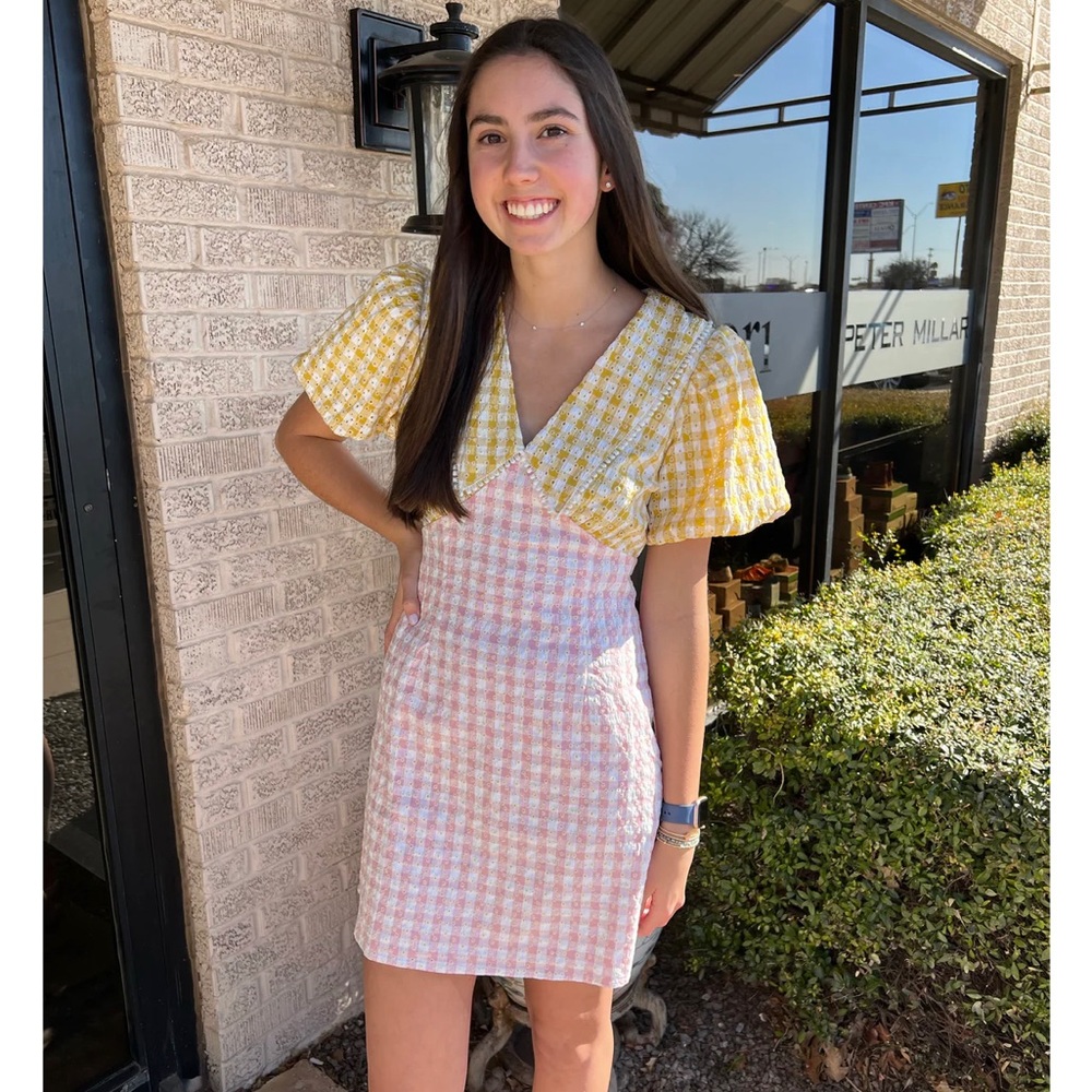 LEIA EYELET GINGHAM COLLARED DRESS